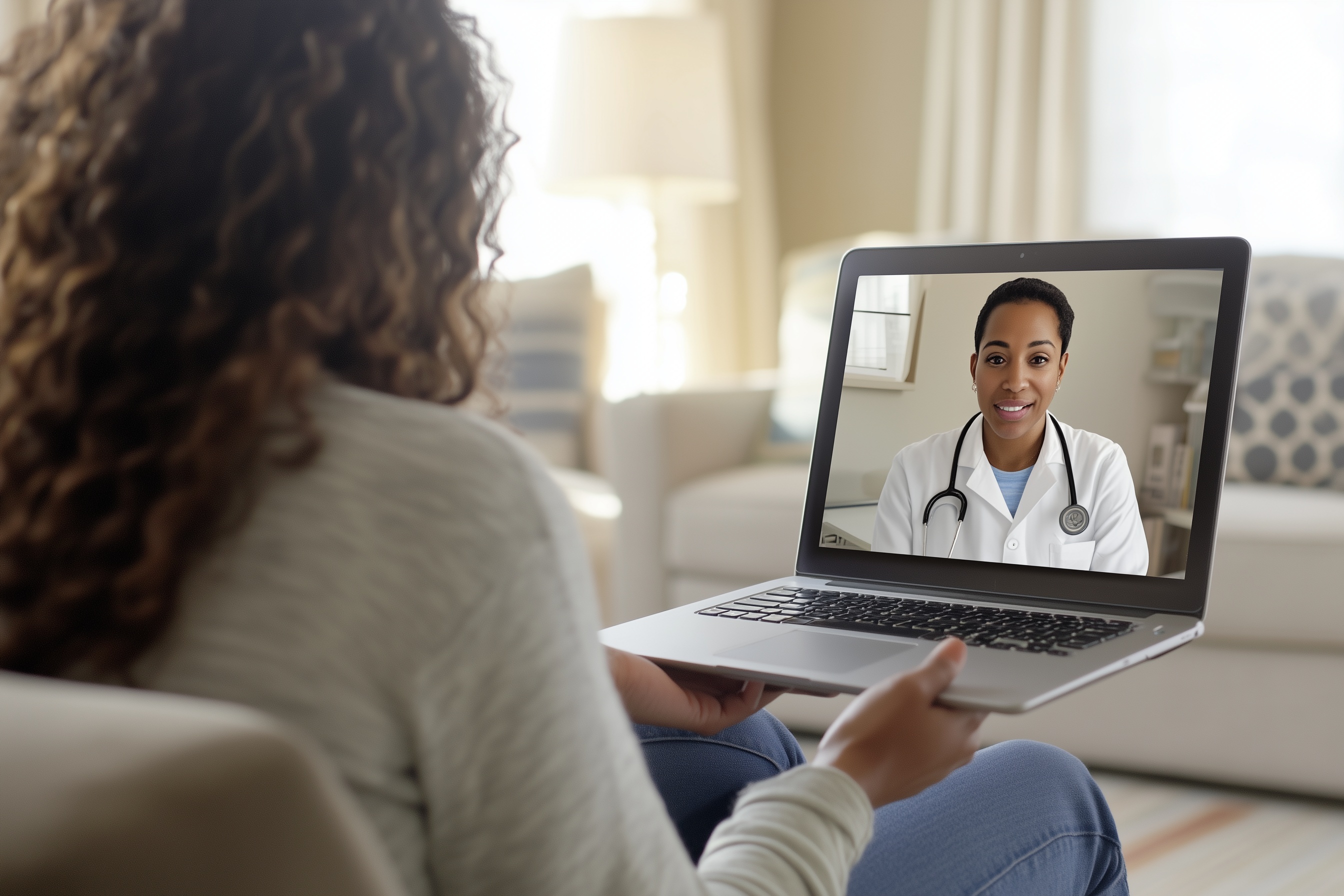 Adult female patient talks to her physician on a video call on her laptop