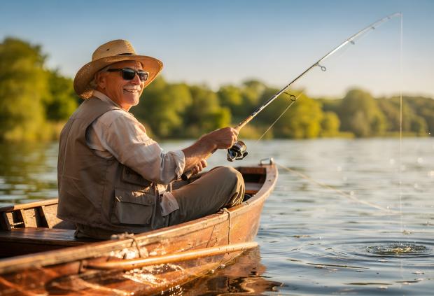A joyful mature man in a straw hat fishes on a lake in afternoon sunlight