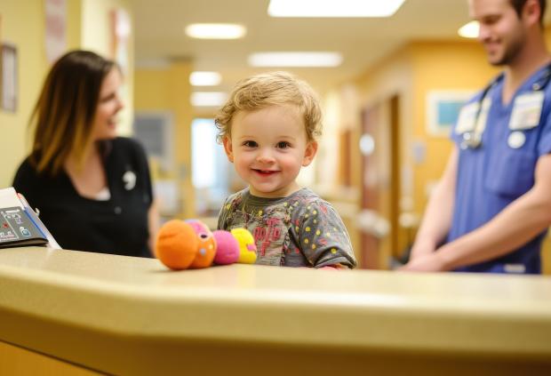 Smiling baby with stuffed animal and smiling nurses in background at clinic