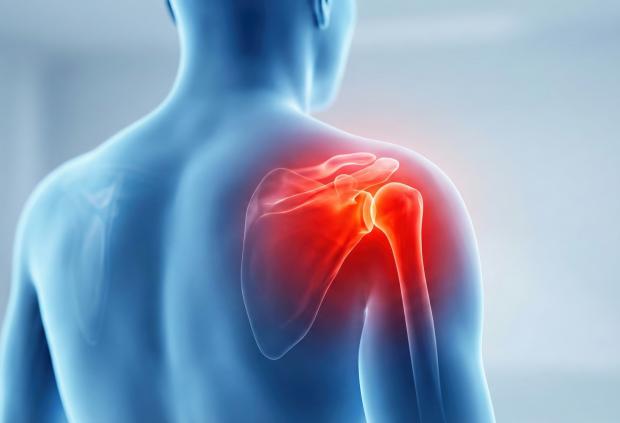 Illustration of shoulder joint anatomy with glowing pain area