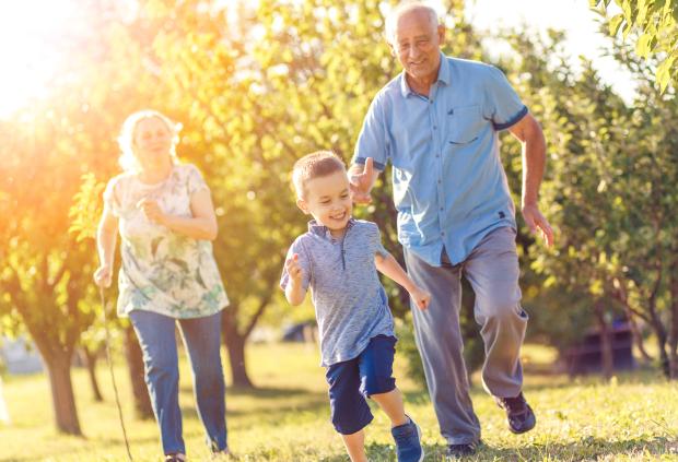 mature couple in sunny meadow chases laughing grandson