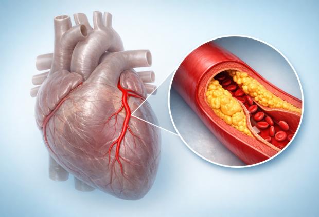 medical illustration of a coronary artery with plaque buildup detail