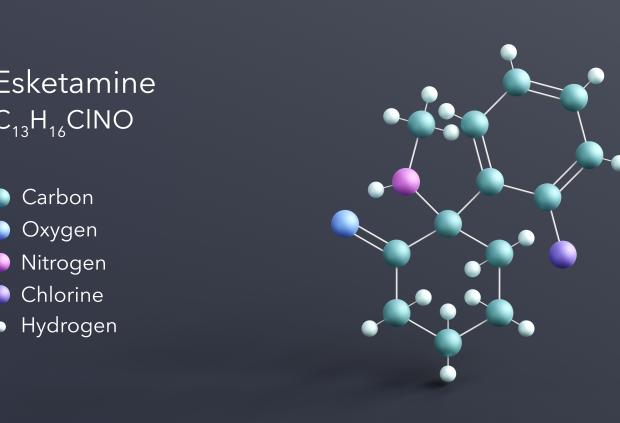 3D rendering of esketamine molecular structure and elements on a gray background