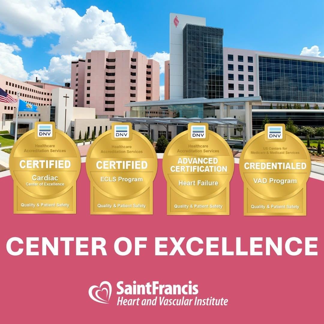 exterior photo of saint francis hospital with 4 center of excellence medallions