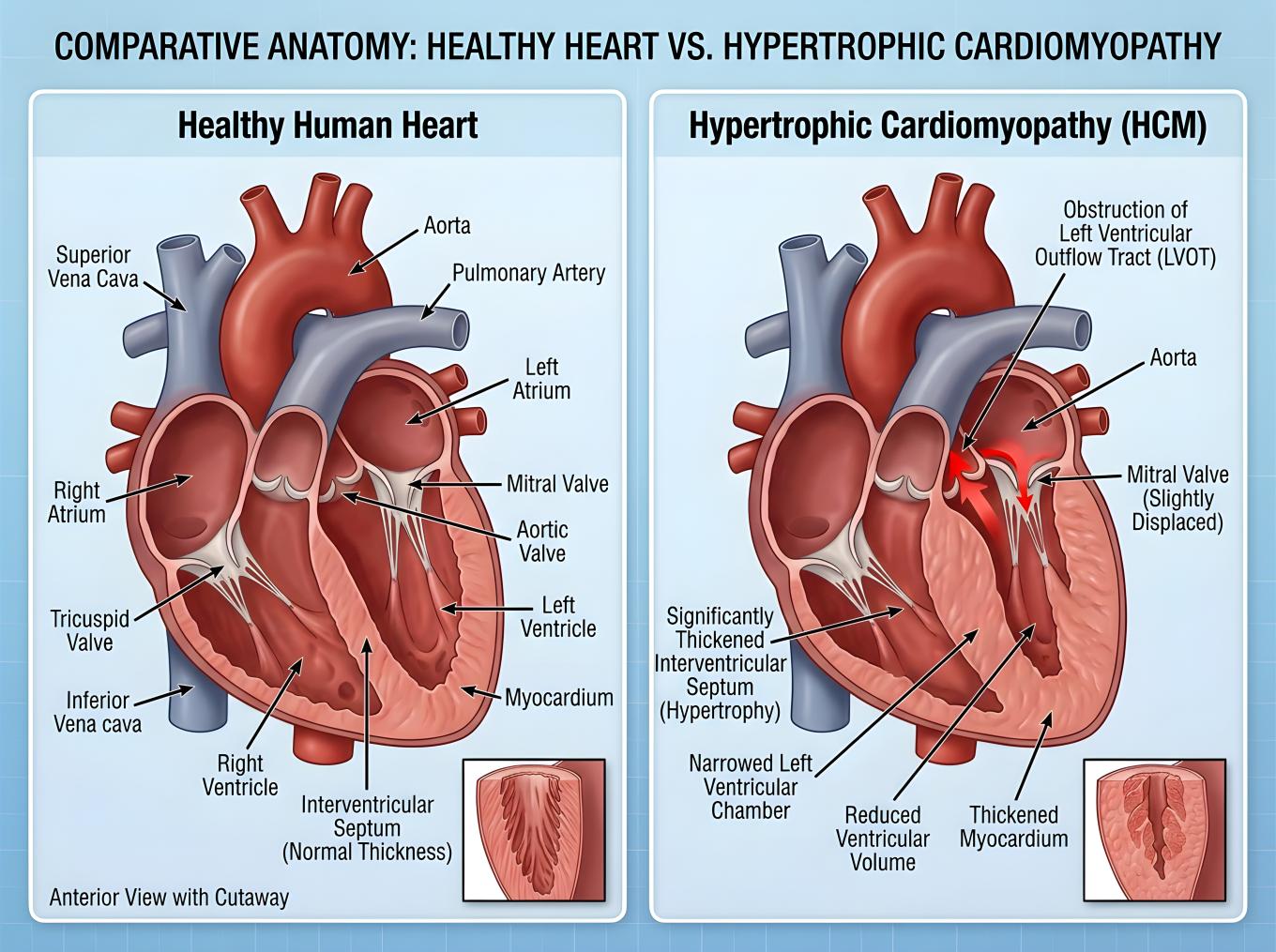 medical illustration comparing healthy adult heart with HCM heart
