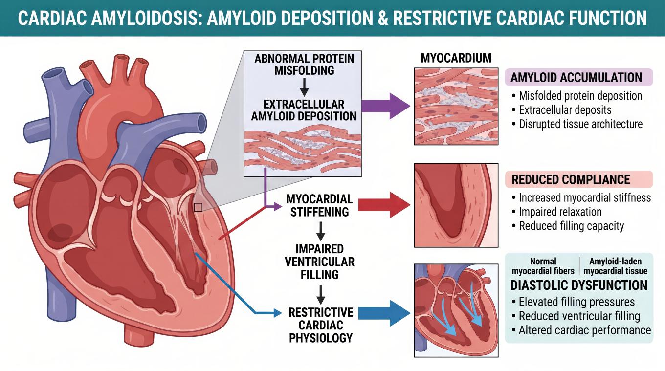 Illustration of adult heart with detail images of amyloids and how they affect cardiac function
