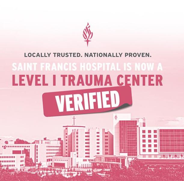 Special pink-toned image of Saint Francis Hospital main building with Level 1 Trauma announcement