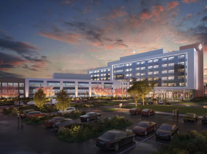 Exterior view of Saint Francis Hospital Muskogee campus at dusk