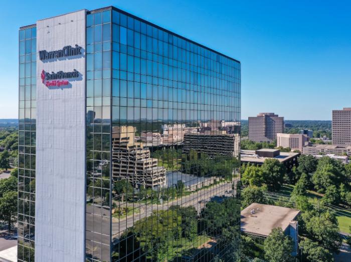 Exterior aerial view of Warren Clinic Tower on the Yale campus of Saint Francis Hospital in Tulsa