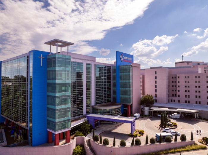 Exterior aerial view of Saint Francis Children's Hospital in Tulsa on a sunny afternoon