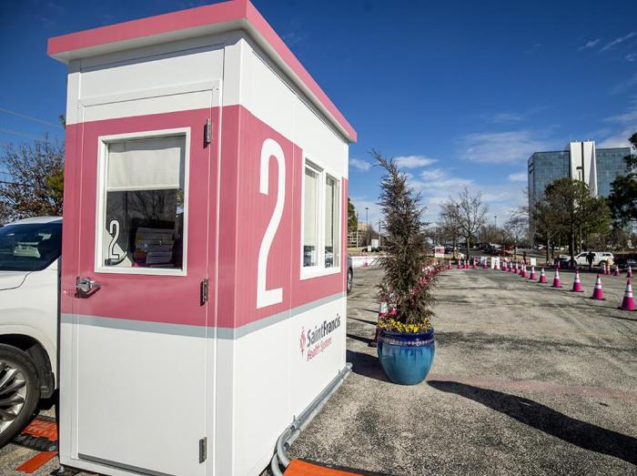 Exterior view of drive-thru vaccination stall number 2 on the Saint Francis Hospital campus