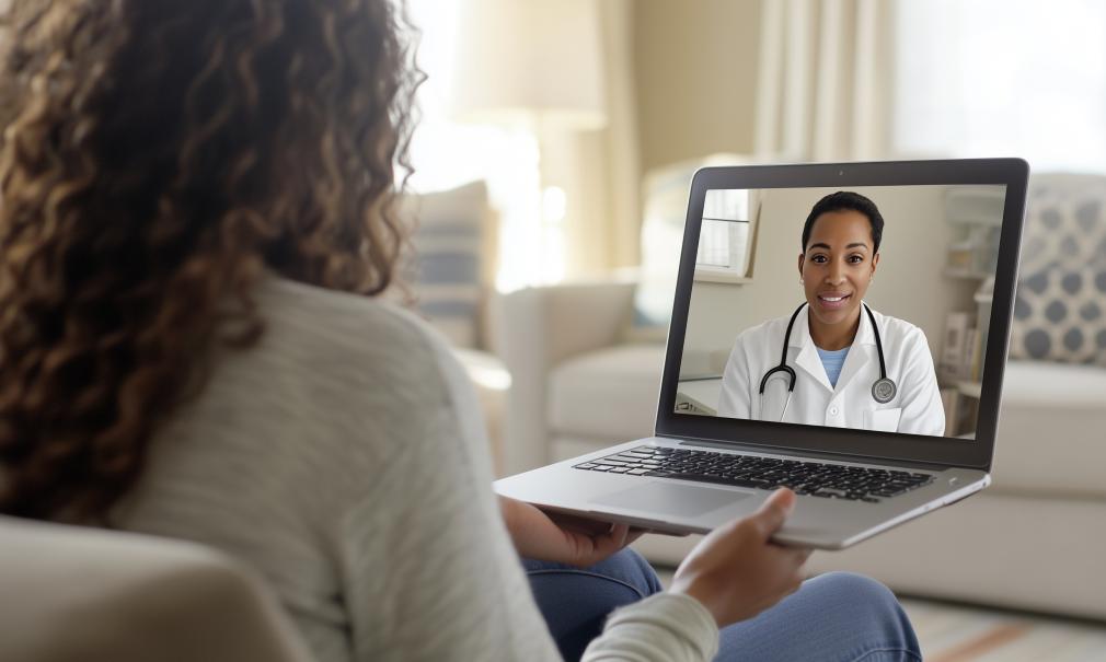 Adult female patient talks to her physician on a video call on her laptop