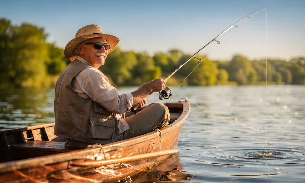 A joyful mature man in a straw hat fishes on a lake in afternoon sunlight