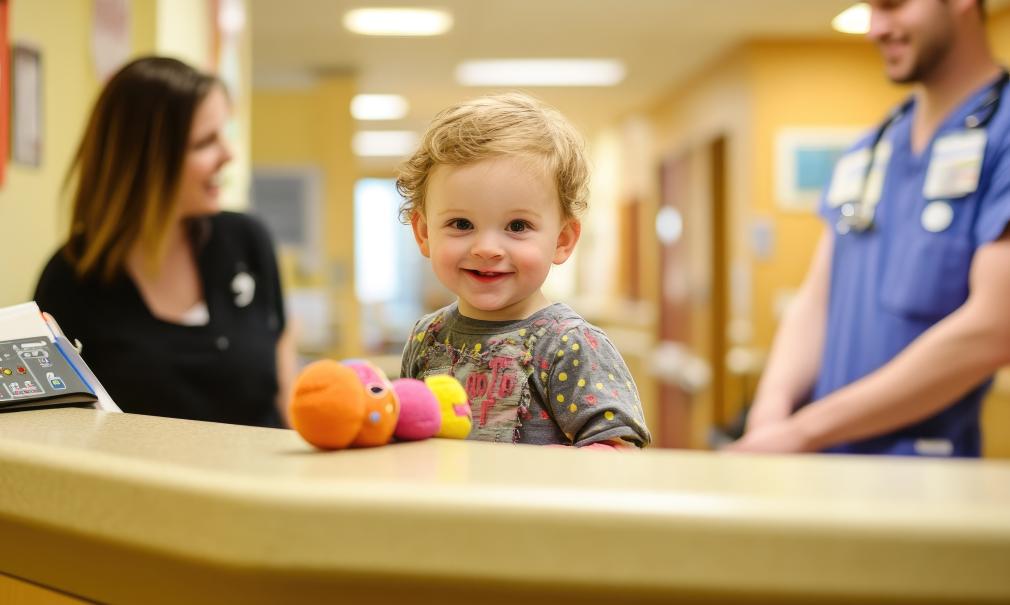 Smiling baby with stuffed animal and smiling nurses in background at clinic