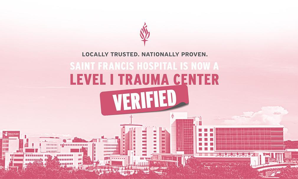 Special pink-toned image of Saint Francis Hospital main building with Level 1 Trauma announcement