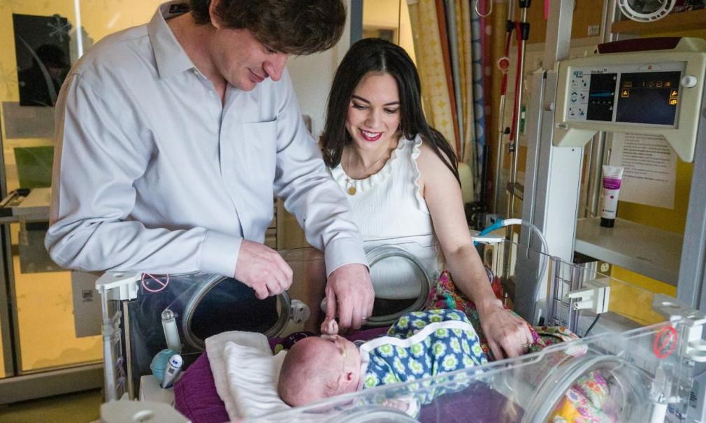 Baby Jo and her parents during her NICU stay at Saint Francis Children's Hospital