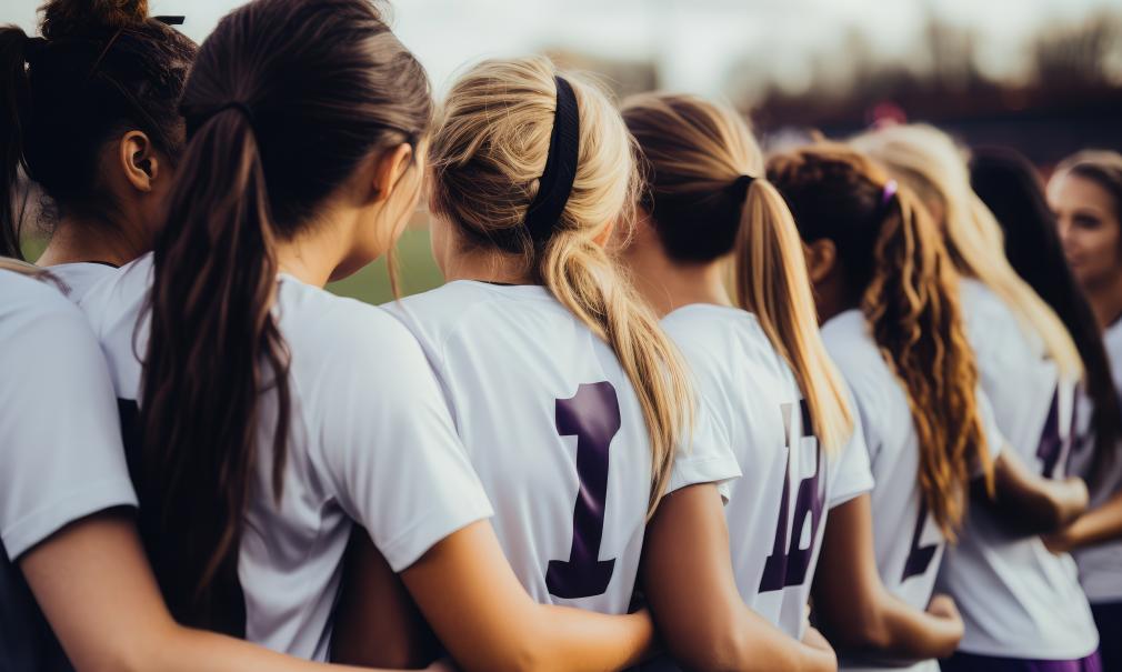 a group of young women on a sports team link arms