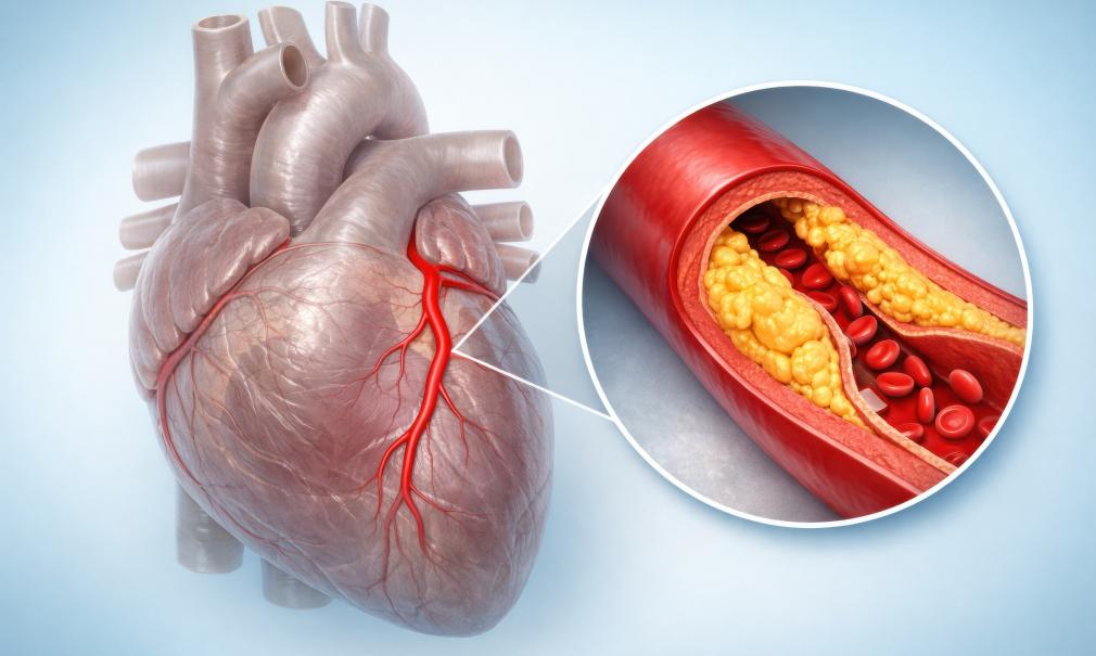 medical illustration of a coronary artery with plaque buildup detail
