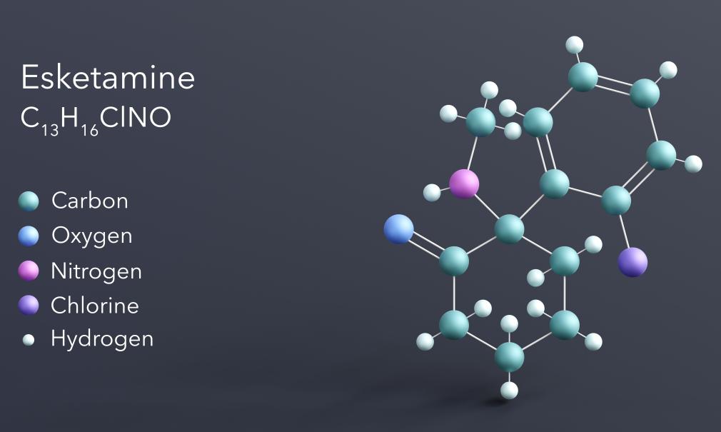 3D rendering of esketamine molecular structure and elements on a gray background