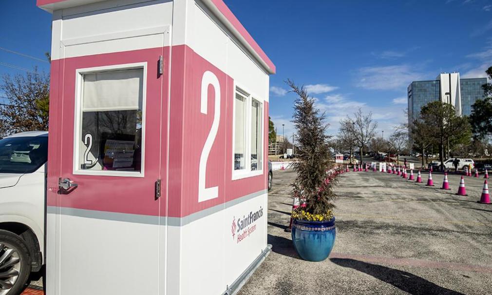 Exterior view of check-in booth number 2 at Warren Clinic drive-thru flu shot