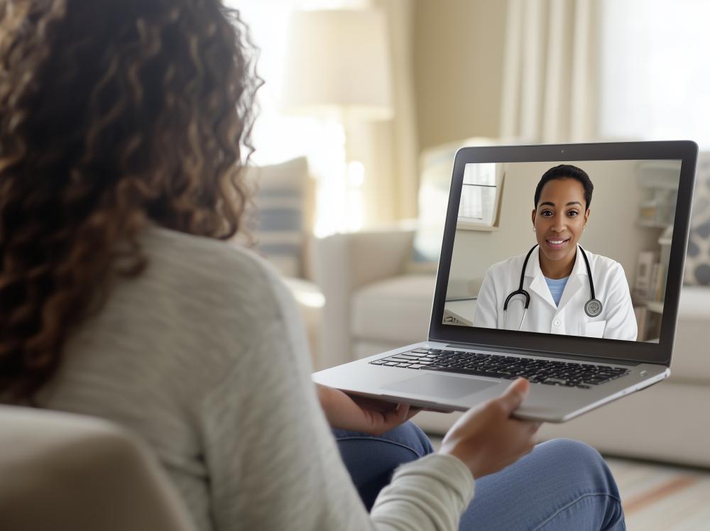 Adult female patient talks to her physician on a video call on her laptop