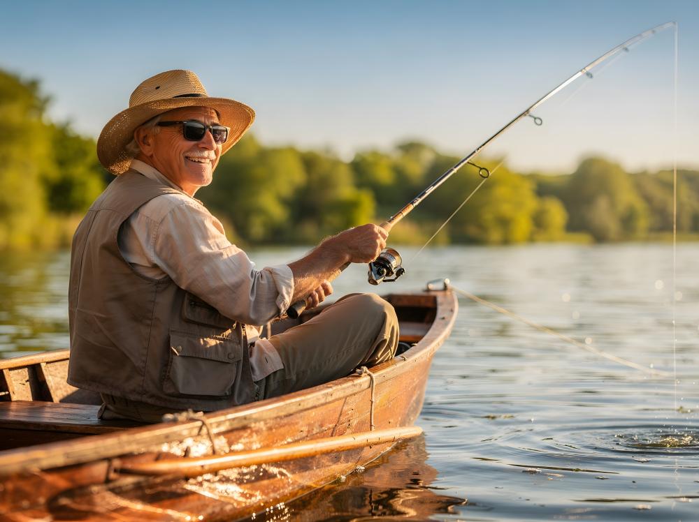A joyful mature man in a straw hat fishes on a lake in afternoon sunlight