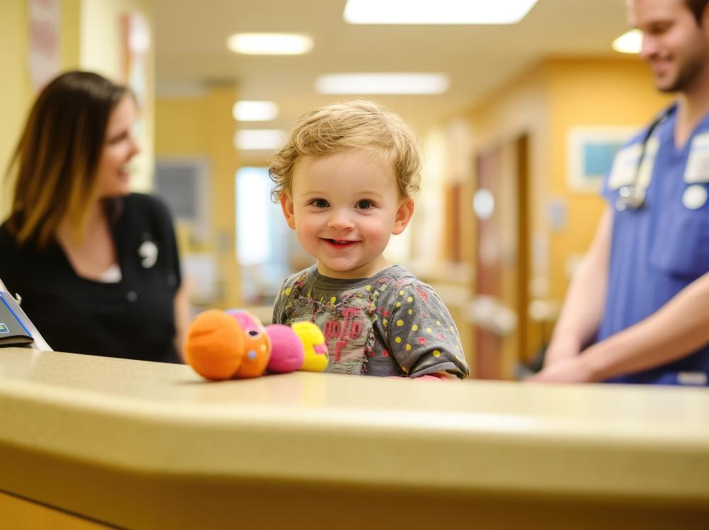Smiling baby with stuffed animal and smiling nurses in background at clinic