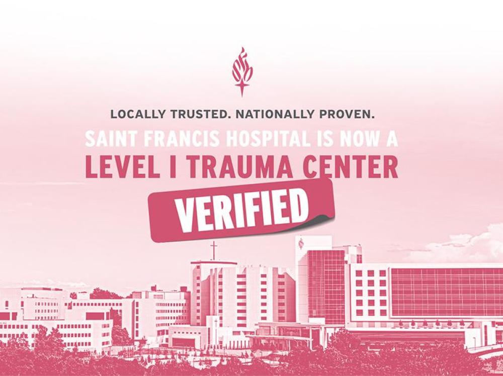Special pink-toned image of Saint Francis Hospital main building with Level 1 Trauma announcement