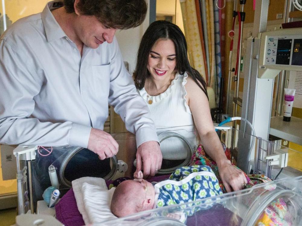 Baby Jo and her parents during her NICU stay at Saint Francis Children's Hospital
