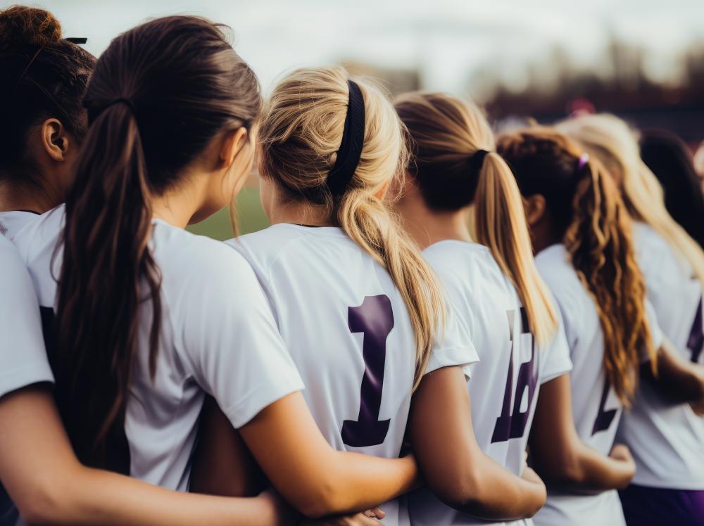 a group of young women on a sports team link arms