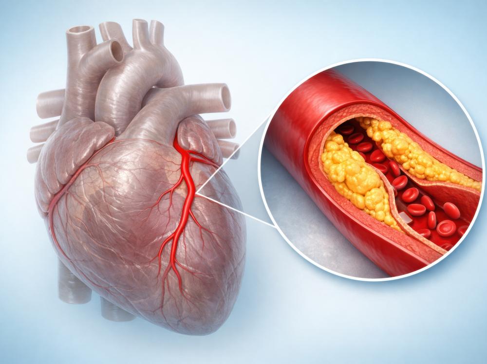 medical illustration of a coronary artery with plaque buildup detail